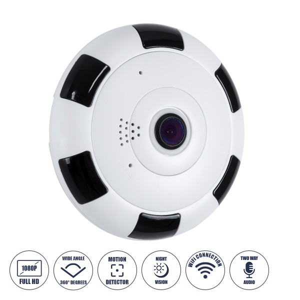 GloboStar® 86027 Επιτοίχια IP Camera 1080P WiFi 360° Μοιρών - Νυχτερινή Όραση με LED IR - Διπλή Κατέυθυνση Ομιλίας - Ανιχνευτή Κίνησης - Νυχτερινή Λήψη - Λευκό Μαύρο