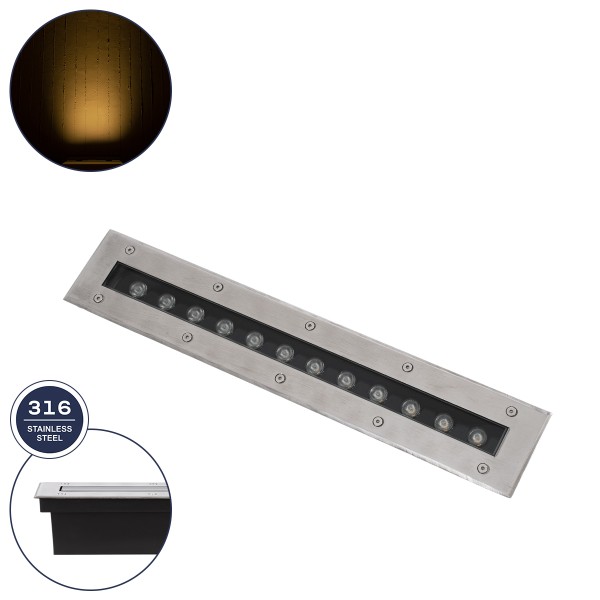 GloboStar® UNDERGROUND-REMVI 90192 Χωνευτό Φωτιστικό Wall Washer Δαπέδου LED 12W 1080lm 10° DC 24V Αδιάβροχο IP68 L50 x W7.4 x H7cm Θερμό Λευκό 2700K - Ανοξείδωτο Ατσάλι - 3 Years Warranty