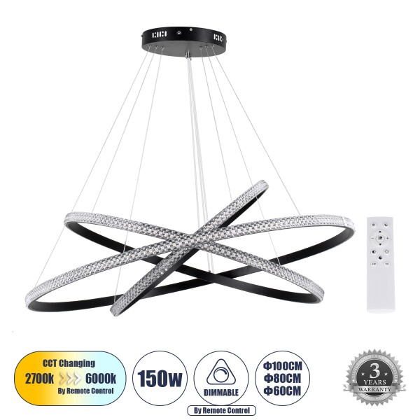 GloboStar® DIAMOND TRIO 61140-DECO Κρεμαστό Φωτιστικό Δαχτυλίδι-Κύκλος LED CCT 150W 18379lm 360° AC 220-240V - Εναλλαγή Φωτισμού μέσω Τηλεχειριστηρίου All In One Ψυχρό 6000k+Φυσικό 4500k+Θερμό 2700k Dimmable Φ60+80+100cm - Μαύρο - 3 Years Warranty