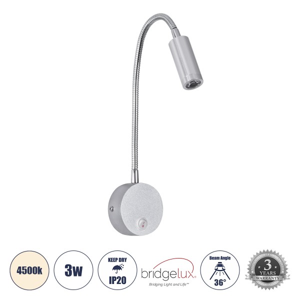 GloboStar® GOOSE 60879 Μοντέρνο Φωτιστικό Τοίχου - Απλίκα Ξενοδοχείου Bed Side LED 3W 300lm 36° AC 220-240V - Reading Light - Μ6.5 x Π15 x Υ24.5cm - Φυσικό Λευκό 4500K - Ασημί Νίκελ