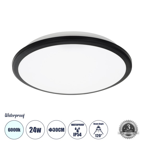 GloboStar® TUFFIN 60996 Πλαφονιέρα Οροφής LED 24W 2760lm 120° AC 220-240V Αδιάβροχη IP54 Φ30 x Υ6.5cm Ψυχρό Λευκό 6000K - Μαύρο - Bridgelux Chips - 3 Years Warranty