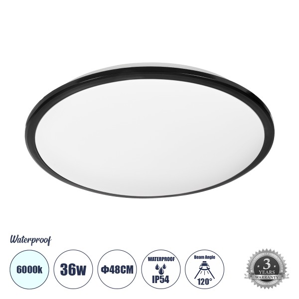 GloboStar® TUFFIN 60998 Πλαφονιέρα Οροφής LED 36W 4140lm 120° AC 220-240V Αδιάβροχη IP54 Φ48 x Υ6.5cm Ψυχρό Λευκό 6000K - Μαύρο - Bridgelux Chips - 3 Years Warranty