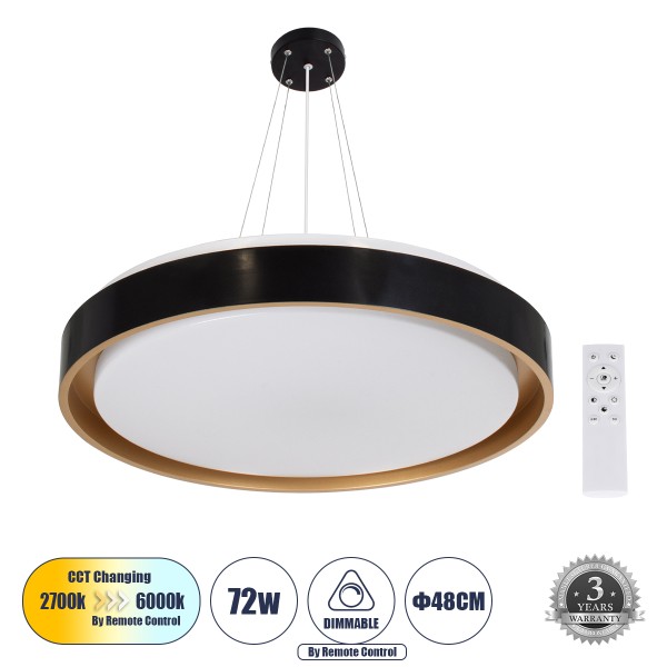 GloboStar® BARCHETTA 61047-P Κρεμαστή Πλαφονιέρα Οροφής LED CCT 72W 8306lm 120° AC 220-240V - Εναλλαγή Φωτισμού μέσω Τηλεχειριστηρίου All In One Ψυχρό 6000k+Φυσικό 4500k+Θερμό 2700k Dimmable Φ48cm - Μαύρο με Χρυσό - 3 Years Warranty