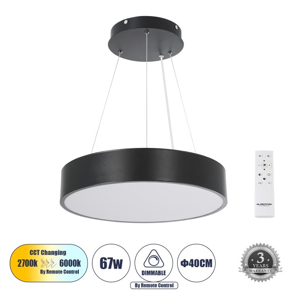 GloboStar® BURTON 61200-P Κρεμαστή Πλαφονιέρα Οροφής LED CCT 67W 7370lm 120° AC 220-240V - Εναλλαγή Φωτισμού μέσω Τηλεχειριστηρίου All In One Ψυχρό 6000k+Φυσικό 4500k+Θερμό 2700k Dimmable Φ40cm - Μαύρο - 3 Years Warranty