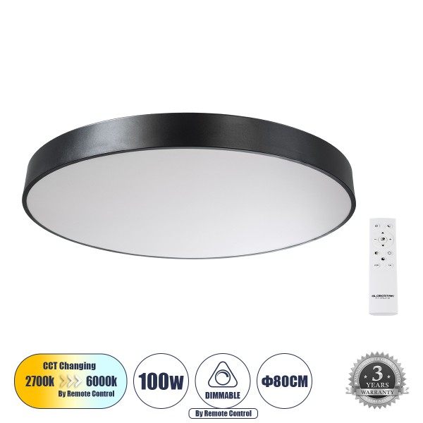 GloboStar® BURTON 61204-S Πλαφονιέρα Οροφής LED CCT 100W 11020lm 120° AC 220-240V - Εναλλαγή Φωτισμού μέσω Τηλεχειριστηρίου All In One Ψυχρό 6000k+Φυσικό 4500k+Θερμό 2700k Dimmable Φ80cm - Μαύρο - 3 Years Warranty