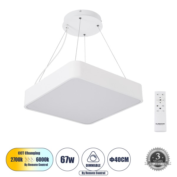 GloboStar® KAMALA 61207-P Κρεμαστή Πλαφονιέρα Οροφής LED CCT 67W 7370lm 120° AC 220-240V - Εναλλαγή Φωτισμού μέσω Τηλεχειριστηρίου All In One Ψυχρό 6000k+Φυσικό 4500k+Θερμό 2700k Dimmable Μ40 x Π40 x Υ8cm - Λευκό - 3 Years Warranty