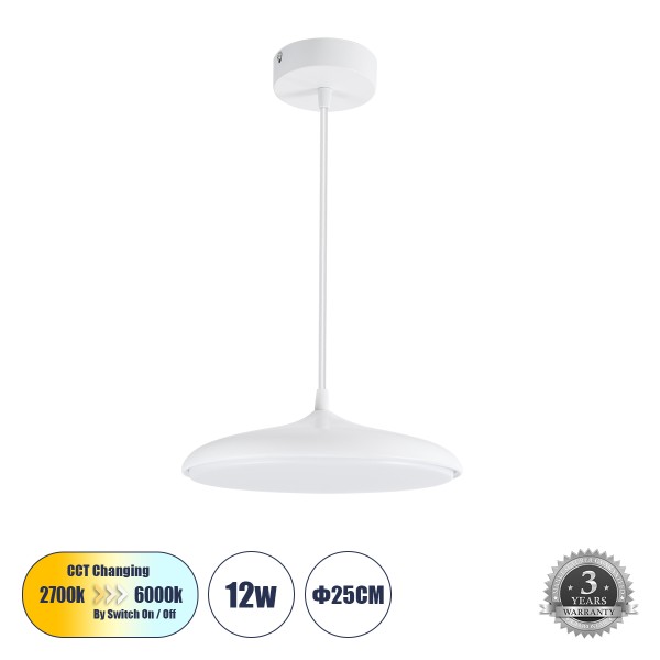 GloboStar® BARON 61252 Κρεμαστή Πλαφονιέρα Οροφής LED CCT 12W 1440lm 120° AC 220-240V - Εναλλαγή Φωτισμού μέσω Διακόπτη On/Off All In One Ψυχρό 6000k+Φυσικό 4500k+Θερμό 2700k Φ25 x Υ8cm - Λευκό - 3 Years Warranty