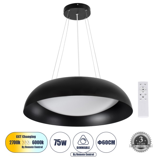 GloboStar® ANATOLIA 61269 Κρεμαστή Πλαφονιέρα Οροφής LED CCT 75W 8625lm 120° AC 220-240V - Εναλλαγή Φωτισμού μέσω Τηλεχειριστηρίου All In One Ψυχρό 6000k+Φυσικό 4500k+Θερμό 2700k Dimmable Φ60cm - Μαύρο - 3 Years Warranty