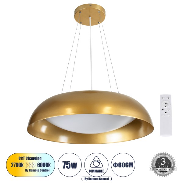 GloboStar® ANATOLIA 61270 Κρεμαστή Πλαφονιέρα Οροφής LED CCT 75W 8625lm 120° AC 220-240V - Εναλλαγή Φωτισμού μέσω Τηλεχειριστηρίου All In One Ψυχρό 6000k+Φυσικό 4500k+Θερμό 2700k Dimmable Φ60cm - Χρυσό - 3 Years Warranty