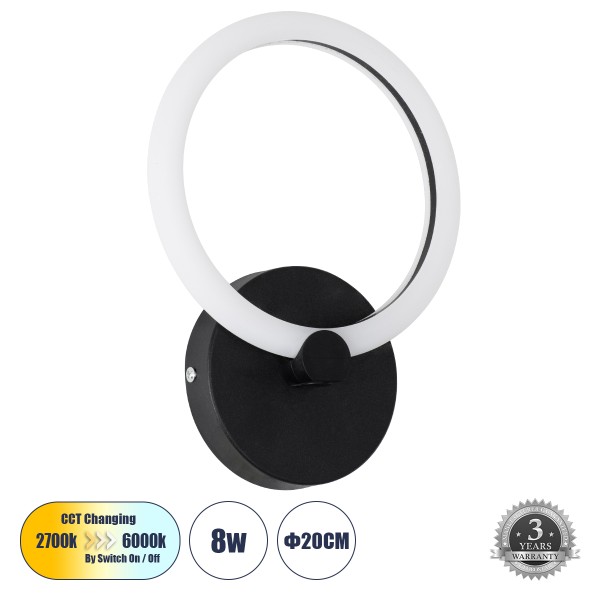 GloboStar® MATILDA 61339 Φωτιστικό Τοίχου - Απλίκα Design LED CCT 8W 960lm 360° AC 220-240V - Εναλλαγή Φωτισμού μέσω Διακόπτη On/Off All In One Ψυχρό 6000k+Φυσικό 4500k+Θερμό 2700k Μ20 x Π5 x Υ25.5cm - Μαύρο - 3 Years Warranty