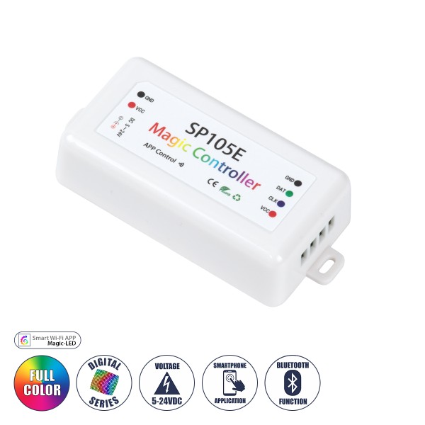 GloboStar® 70039 SP105E Ασύρματος WiFi LED FULL COLOR Magic Digital Pixel Controller iOS/Android Bluetooth για LED Digital Πολύχρωμα και Μονόχρωμα Προϊόντα DC 5-24V 1 x 2048 IC Max