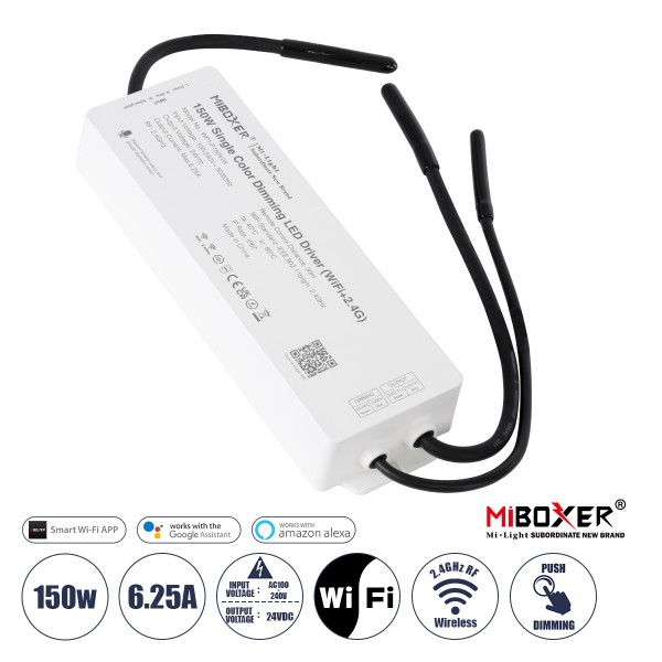 GloboStar® 71438 WP1-P150V24 Mi-BOXER DC Smart Wifi & RF 2.4Ghz & Push Dimming Power Supply Τροφοδοτικό SELV & Controller / Dimmer All in One AC100-240V σε DC 24V 1 x 6.25A 150W - Max 6.25A 150W - Αδιάβροχο IP67 Μ22.5 x Π7 x Υ3.5cm - 3 Years Warranty