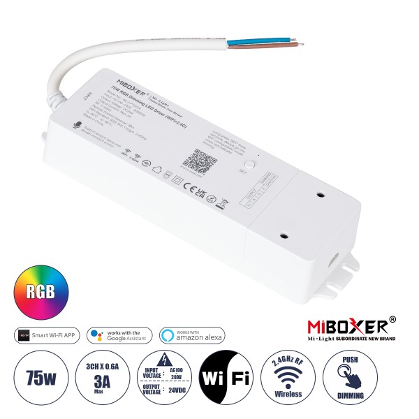 GloboStar® 71439 WL3-P75V24 Mi-BOXER DC Smart Wifi & RF 2.4Ghz & Push Dimming Power Supply Τροφοδοτικό SELV & Controller / Dimmer All in One 3 Καναλιών AC100-240V σε DC 24V 3 x 0.6A 14.4W - Max 3A 75W - IP20 RGB Μ19 x Π5.5 x Υ3.2cm - 5 Years Warranty