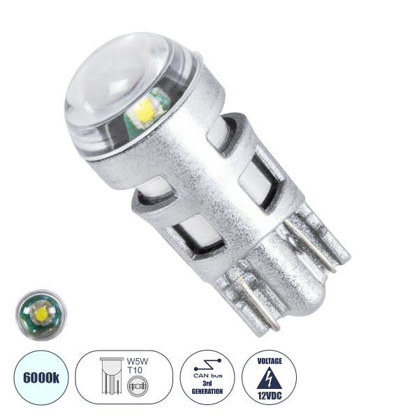 GloboStar® 81101 Λάμπα Αυτοκινήτου LED T10 W5W 3rd Generation Can-Bus Extreme Series 1xCREE-XPE 5W 350lm 120° DC 12-16V IP20 Φ1 x Υ2.5cm Ψυχρό Λευκό 6000K