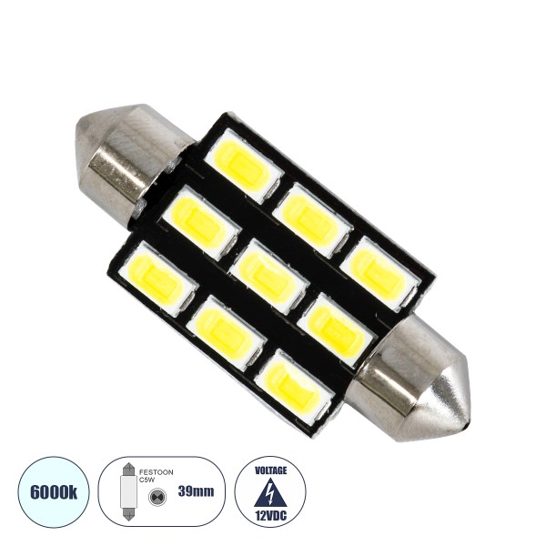 GloboStar® 81307 Λάμπα Αυτοκινήτου LED 39mm FESTOON - C5W 9xSMD5630 4.5W 675lm 120° DC 12-16V IP20 Μ3.9 x Π1.2 x Υ1.2cm Ψυχρό Λευκό 6000K