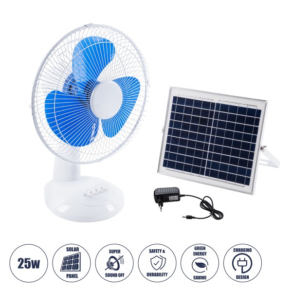 GloboStar® SOLARI-FAN 85353 Solar Fan Αυτόνομος Ηλιακός Επιτραπέζιος Ανεμιστήρας 25W 2 Λειτουργιών Ρεύματος με AC 220-240V ή με Φωτοβολταϊκό Panel 9V 12W & Επαναφορτιζόμενη Μπαταρία Li-ion 7.4V 4400mAh - 3 Ταχύτητες - IP20 - Μ24 x Π36 x Υ49cm - Λευκό & Μπ