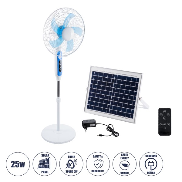 GloboStar® SOLARE-FAN 85357 Solar Fan Αυτόνομος Ηλιακός Επιδαπέδιος Ανεμιστήρας 25W 2 Λειτουργιών Ρεύματος με AC 220-240V ή με Φωτοβολταϊκό Panel 9V 15W & Επαναφορτιζόμενη Μπαταρία Li-ion 7.4V 6000mAh - 12 Ταχύτητες - Ασύρματο Χειριστήριο - Ενσωματωμένο U