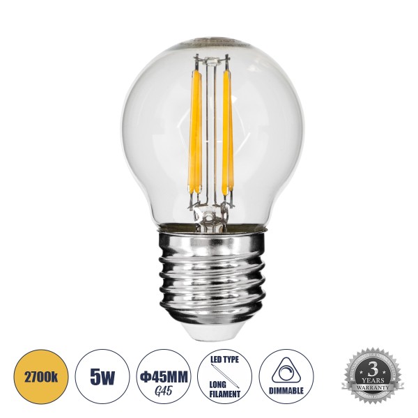 GloboStar® 99005 Λάμπα LED Long Filament E27 G45 Γλομπάκι 5W 500lm 360° AC 220-240V IP20 Φ4.5 x Υ7.5cm Θερμό Λευκό 2700K με Διάφανο Γυαλί - Dimmable - 3 Years Warranty