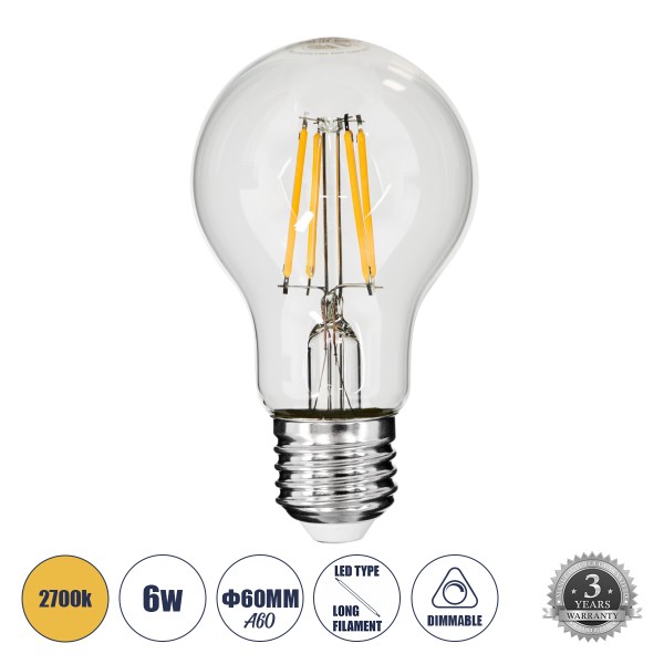 GloboStar® 99006 Λάμπα LED Long Filament E27 A60 Γλόμπος 6W 600lm 360° AC 220-240V IP20 Φ6 x Υ10.5cm Θερμό Λευκό 2700K με Διάφανο Γυαλί - Dimmable - 3 Χρόνια Εγγύηση