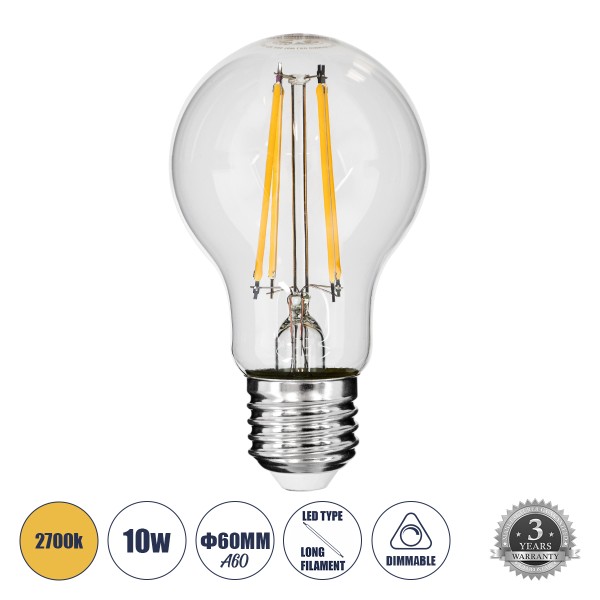 GloboStar® 99008 Λάμπα LED Long Filament E27 A60 Γλόμπος 10W 1000lm 360° AC 220-240V IP20 Φ6 x Υ10.5cm Θερμό Λευκό 2700K με Διάφανο Γυαλί - Dimmable - 3 Years Warranty