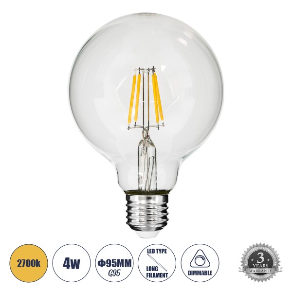 GloboStar® 99009 Λάμπα LED Long Filament E27 G95 Γλόμπος 4W 400lm 360° AC 220-240V IP20 Φ9.5 x Υ13.5cm Θερμό Λευκό 2700K με Διάφανο Γυαλί - Dimmable - 3 Years Warranty