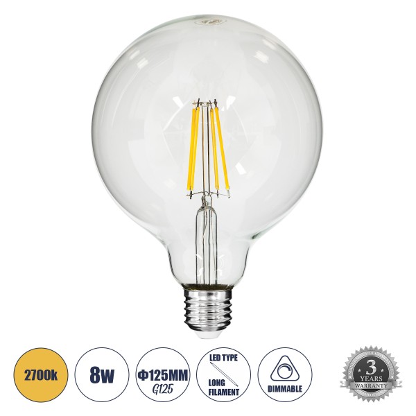 GloboStar® 99013 Λάμπα LED Long Filament E27 G125 Γλόμπος 8W 800lm 360° AC 220-240V IP20 Φ12.5 x Υ18cm Θερμό Λευκό 2700K με Διάφανο Γυαλί - Dimmable - 3 Years Warranty