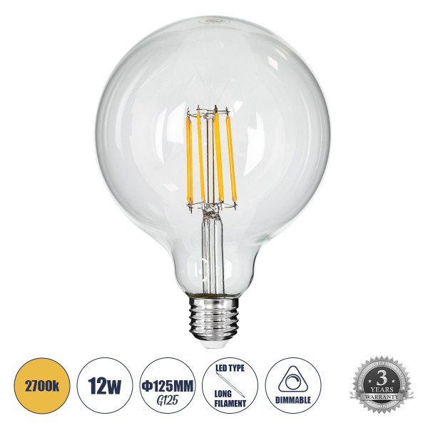 GloboStar® 99014 Λάμπα LED Long Filament E27 G125 Γλόμπος 12W 1200lm 360° AC 220-240V IP20 Φ12.5 x Υ18cm Θερμό Λευκό 2700K με Διάφανο Γυαλί - Dimmable - 3 Years Warranty