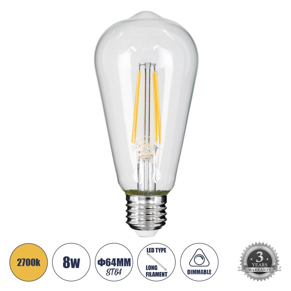 GloboStar® 99016 Λάμπα LED Long Filament E27 ST64 Αχλάδι 8W 800lm 360° AC 220-240V IP20 Φ6.4 x Υ14cm Θερμό Λευκό 2700K με Διάφανο Γυαλί - Dimmable - 3 Years Warranty