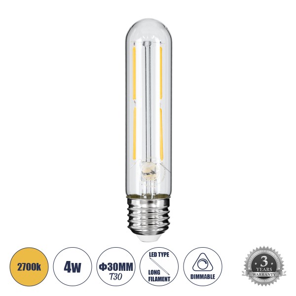 GloboStar® 99019 Λάμπα LED Long Filament E27 T30 Σωλήνας 4W 400lm 360° AC 220-240V IP20 Φ3 x Υ13.5cm Θερμό Λευκό 2700K με Διάφανο Γυαλί - Dimmable - 3 Years Warranty