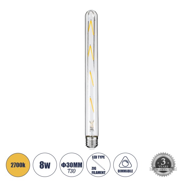 GloboStar® 99020 Λάμπα LED Long Filament E27 T30 Σωλήνας 8W 800lm 360° AC 220-240V IP20 Φ3 x Υ30cm Θερμό Λευκό 2700K με Διάφανο Γυαλί - Dimmable - 3 Years Warranty