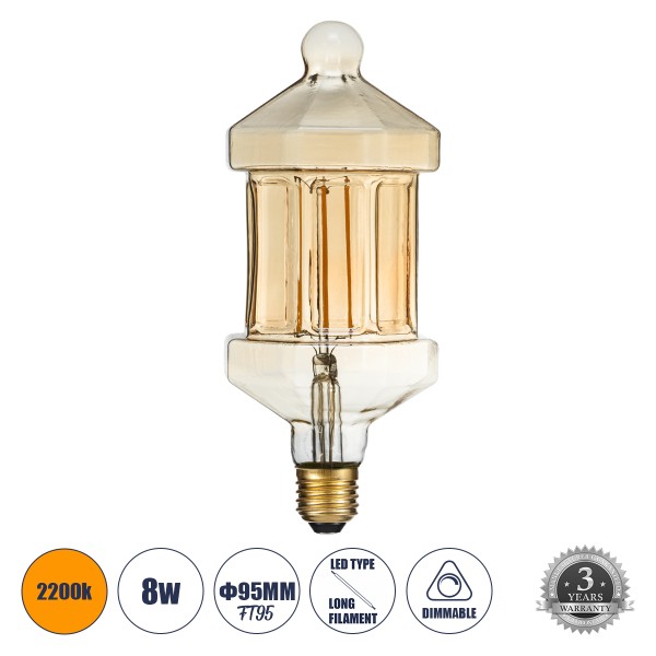 GloboStar® 99026 Λάμπα LED Long Filament E27 FT95 LANTERN Γλόμπος 8W 650lm 360° AC 220-240V IP20 Φ9.5 x Υ21.5cm Ultra Θερμό Λευκό 2200K με Μελί Γυαλί - Dimmable - 3 Years Warranty