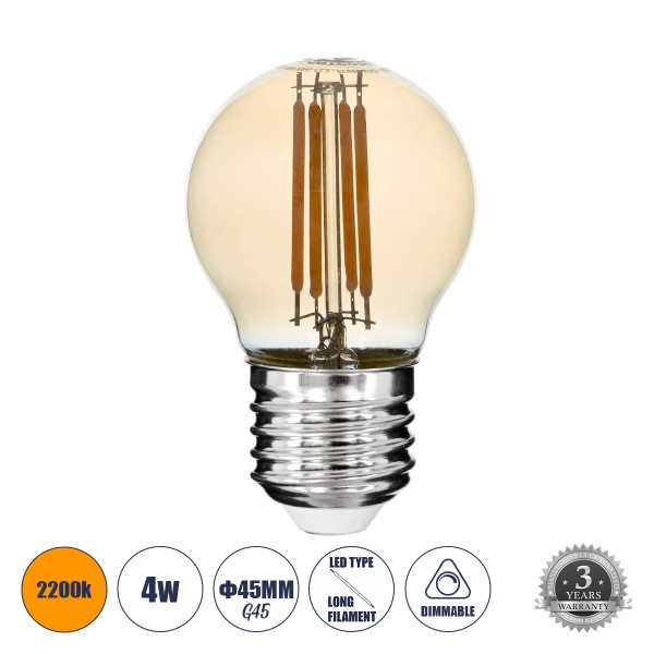 GloboStar® 99034 Λάμπα LED Long Filament E27 G45 Γλομπάκι 4W 350lm 360° AC 220-240V IP20 Φ4.5 x Υ7.5cm Ultra Θερμό Λευκό 2200K με Μελί Γυαλί - Dimmable - 3 Years Warranty