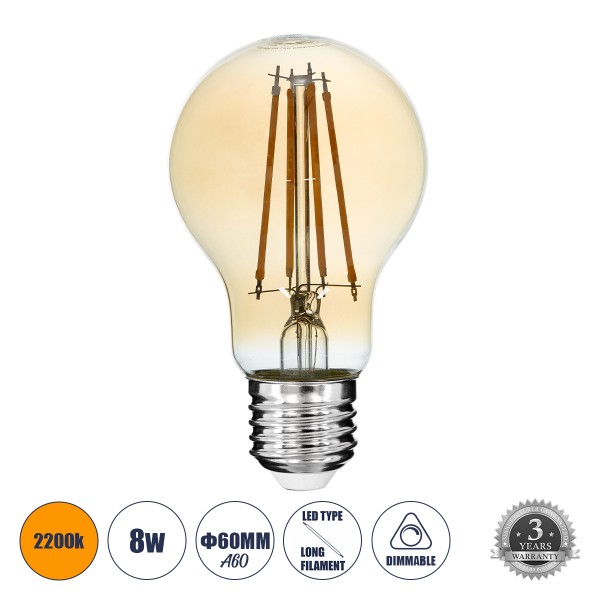 GloboStar® 99037 LED Long Filament Bulb E27 A60 Globe 8W 720lm 360° AC 220-240V IP20 D6 x H10.5cm Ultra Θερμό Λευκό 2200K με Μελί Γυαλί - Dimmable - 3 Years Warranty