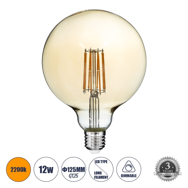 GloboStar® 99044 Λάμπα LED Long Filament E27 G125 Γλόμπος 12W 1080lm 360° AC 220-240V IP20 Φ12.5 x Υ18cm Ultra Θερμό Λευκό 2200K με Μελί Γυαλί - Dimmable - 3 Years Warranty