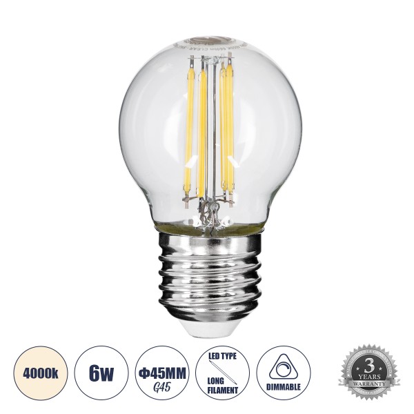 GloboStar® 99052 Λάμπα LED Long Filament E27 G45 Γλομπάκι 6W 660lm 360° AC 220-240V IP20 Φ4.5 x Υ7.5cm Φυσικό Λευκό 4000K με Διάφανο Γυαλί - Dimmable - 3 Years Warranty