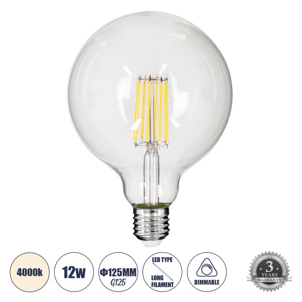 GloboStar® 99055 Λάμπα LED Long Filament E27 G125 Γλόμπος 12W 1320lm 360° AC 220-240V IP20 Φ12.5 x Υ18cm Φυσικό Λευκό 4000K με Διάφανο Γυαλί - Dimmable - 3 Years Warranty