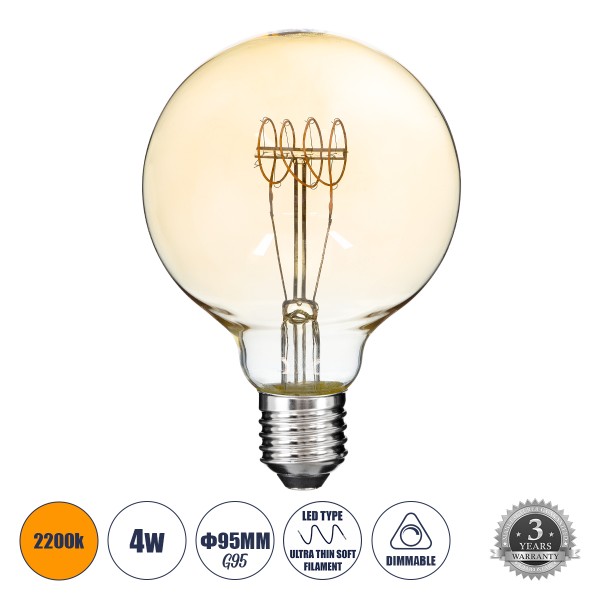 GloboStar® 99060 Λάμπα LED Ultra Thin Soft S Spiral Filament E27 G95 Γλόμπος 4W 280lm 360° AC 220-240V IP20 Φ9.5 x Υ13.5cm Ultra Θερμό Λευκό 2200K με Μελί Γυαλί - Dimmable - 3 Years Warranty