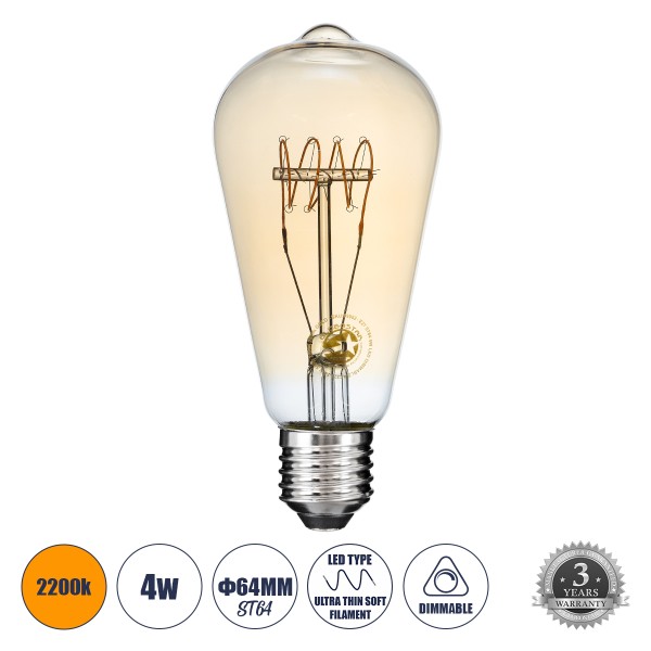 GloboStar® 99082 Λάμπα LED Ultra Thin Soft S Spiral Filament E27 ST64 Αχλάδι 4W 280lm 360° AC 220-240V IP20 Φ6.4 x Υ14cm Ultra Θερμό Λευκό 2200K με Μελί Γυαλί - Dimmable - 3 Years Warranty