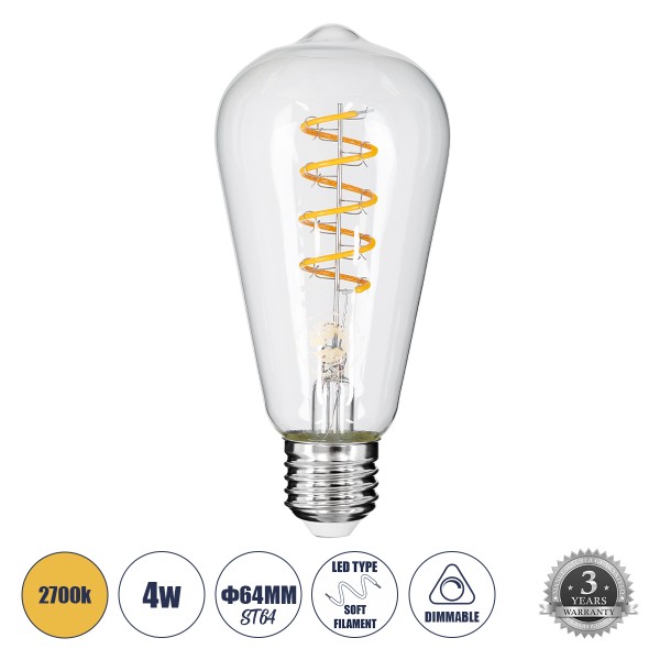 GloboStar® 99143 Λάμπα LED Soft S Spiral Filament E27 ST64 Αχλάδι 4W 300lm 360° AC 220-240V IP20 Φ6.4 x Υ14cm Θερμό Λευκό 2700K με Διάφανο Γυαλί - Dimmable - 3 Χρόνια Εγγύηση