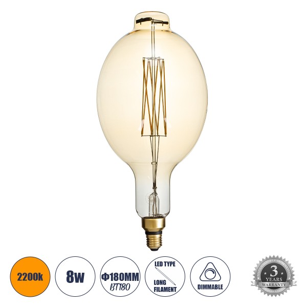 GloboStar® 99166 Λάμπα LED Long Filament E27 BT180 MANGOS Γλόμπος 8W 720lm 360° AC 220-240V IP20 Φ18 x Υ39cm Ultra Θερμό Λευκό 2200K με Μελί Γυαλί - Dimmable - 3 Χρόνια Εγγύηση