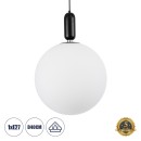 GloboStar® ESTETICO 61497 Μοντέρνο Κρεμαστό Φωτιστικό Οροφής Μονόφωτο 1 x E27 Γαλακτερή Γυάλινη Μπάλα με Μεταλλικό Μαύρο Ματ Σώμα Φ40 x Υ58cm