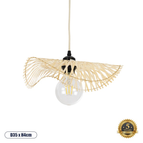 GloboStar® MELEMELE 01839 Boho Κρεμαστό Φωτιστικό Οροφής Μονόφωτο 1 x E27 AC220-240V IP20 - Φ35 x Υ4cm - Μπεζ Ξύλινο Μπαμπού Πλέγμα - 5 Χρόνια Εγγύηση