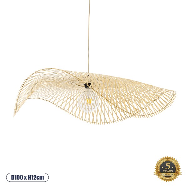 GloboStar® MELEMELE 01842 Boho Κρεμαστό Φωτιστικό Οροφής Μονόφωτο 1 x E27 AC220-240V IP20 - Φ100 x Υ12cm - Μπεζ Ξύλινο Μπαμπού Πλέγμα - 5 Χρόνια Εγγύηση