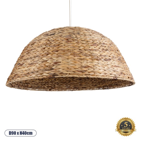 GloboStar® MANGATA 01848 Boho Κρεμαστό Φωτιστικό Οροφής Μονόφωτο 1 x E27 AC220-240V IP20 - Φ90 x Υ40cm - Καφέ Water Hyacinth - Υδρουάκινθος Πλέγμα Καμπάνα - 5 Χρόνια Εγγύηση