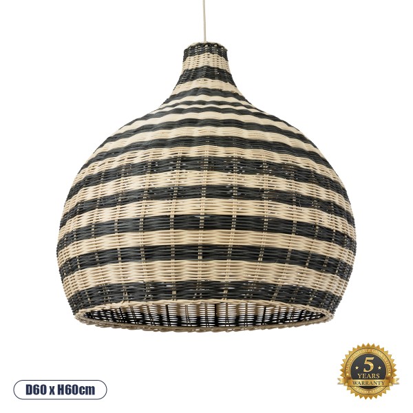 GloboStar® JAMAICA 01955 Boho Κρεμαστό Φωτιστικό Οροφής Μονόφωτο 1 x E27 AC220-240V IP20 - Φ60 x Υ60cm - Μπεζ με Χακί Ξύλινο Μπαμπού Πλέγμα Καμπάνα - 5 Χρόνια Εγγύηση