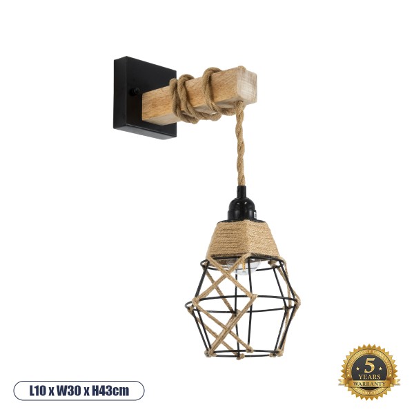 GloboStar® BELLARIVA 01961 Boho Φωτιστικό Τοίχου - Απλίκα Μονόφωτο 1 x E27 AC 220-240V IP20 - Μ10 x Π30 x Υ43cm - Μαύρο Μεταλλικό με Ξύλο και Μπεζ Σχοινί Πλεγμα - 5 Χρόνια Εγγύηση