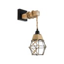 GloboStar® BELLARIVA 01961 Boho Φωτιστικό Τοίχου - Απλίκα Μονόφωτο 1 x E27 AC 220-240V IP20 - Μ10 x Π30 x Υ43cm - Μαύρο Μεταλλικό με Ξύλο και Μπεζ Σχοινί Πλεγμα - 5 Χρόνια Εγγύηση