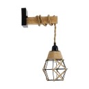 GloboStar® BELLARIVA 01961 Boho Φωτιστικό Τοίχου - Απλίκα Μονόφωτο 1 x E27 AC 220-240V IP20 - Μ10 x Π30 x Υ43cm - Μαύρο Μεταλλικό με Ξύλο και Μπεζ Σχοινί Πλεγμα - 5 Χρόνια Εγγύηση