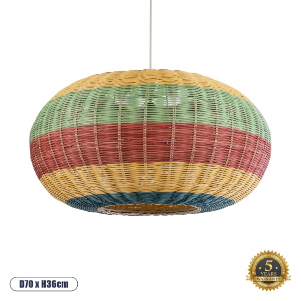 GloboStar® CABALLEROS 02056 Boho Κρεμαστό Φωτιστικό Οροφής Μονόφωτο 1 x E27 AC220-240V IP20 - Φ70 x Υ36cm - Πράσινο με Κίτρινο και Μπλε με Κόκκινο Ξύλινο Μπαμπού Πλέγμα - 5 Χρόνια Εγγύηση