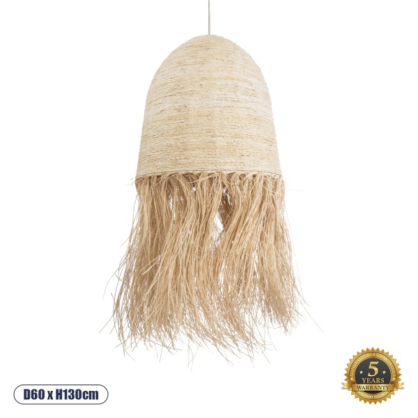 GloboStar® AREMBEPE 02179 Boho Κρεμαστό Φωτιστικό Οροφής Μονόφωτο 1 x E27 AC220-240V IP20 - Φ60 x Υ130cm - Μπεζ Φυσική Ράφια Νήμα Πλέγμα Καμπάνα - 5 Χρόνια Εγγύηση